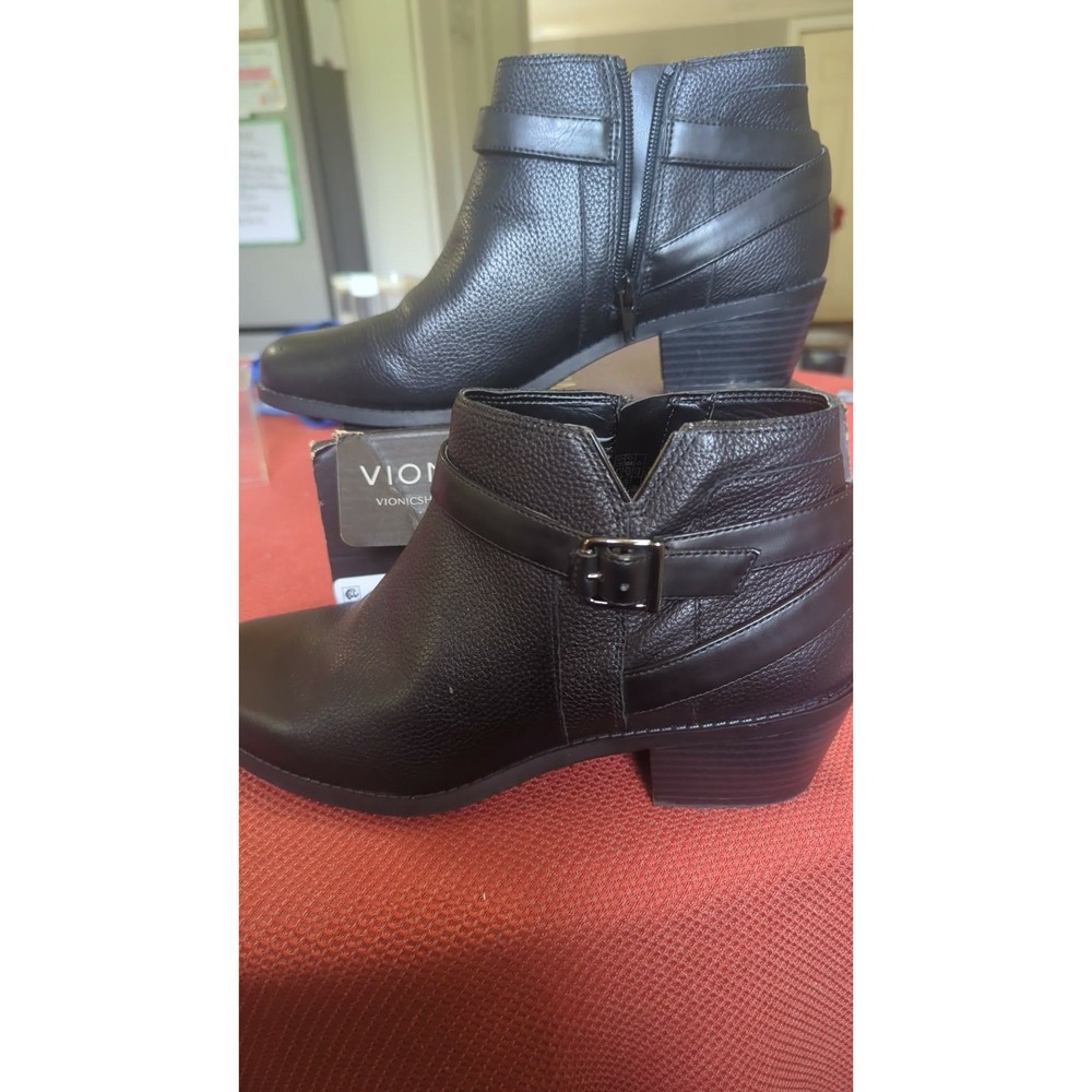 Vionic Black Pebbled Leather Buckle Ankle Boots Block Heel Side Zip - Picture 10 of 11